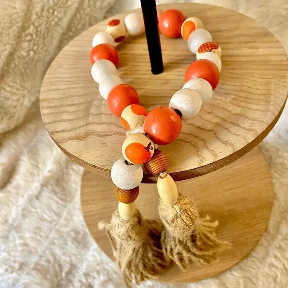 NEW Wood Bead Garland with Plaid Tassels